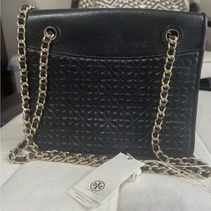 Tory Burch Bryant Medium Chain Shoulder Bag – Black Leather Floral Quilt